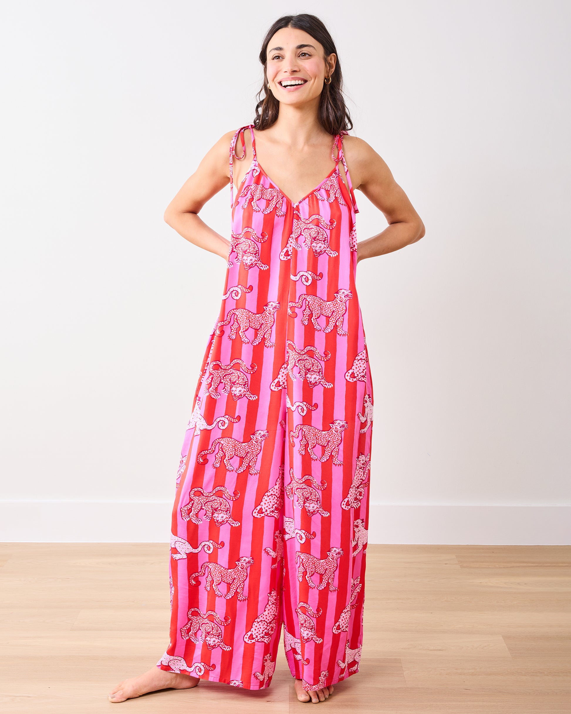 Leopard Stripes - Eco Satin Jaipur Jumpsuit - Pink Cabana - Printfresh