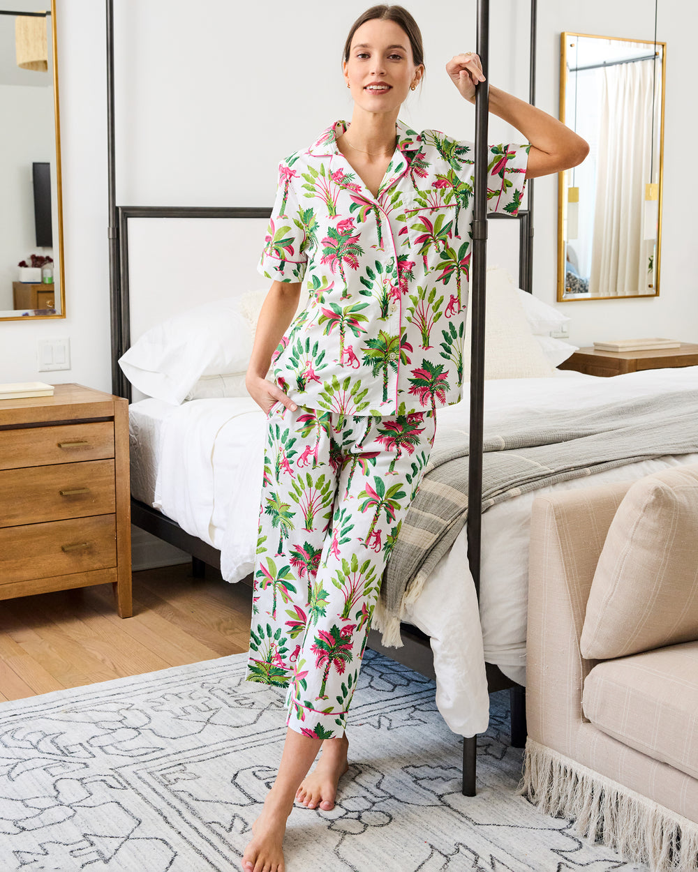 Royal Palms - Short Sleeve Top & Cropped Pants Set - Pink Basil - Printfresh