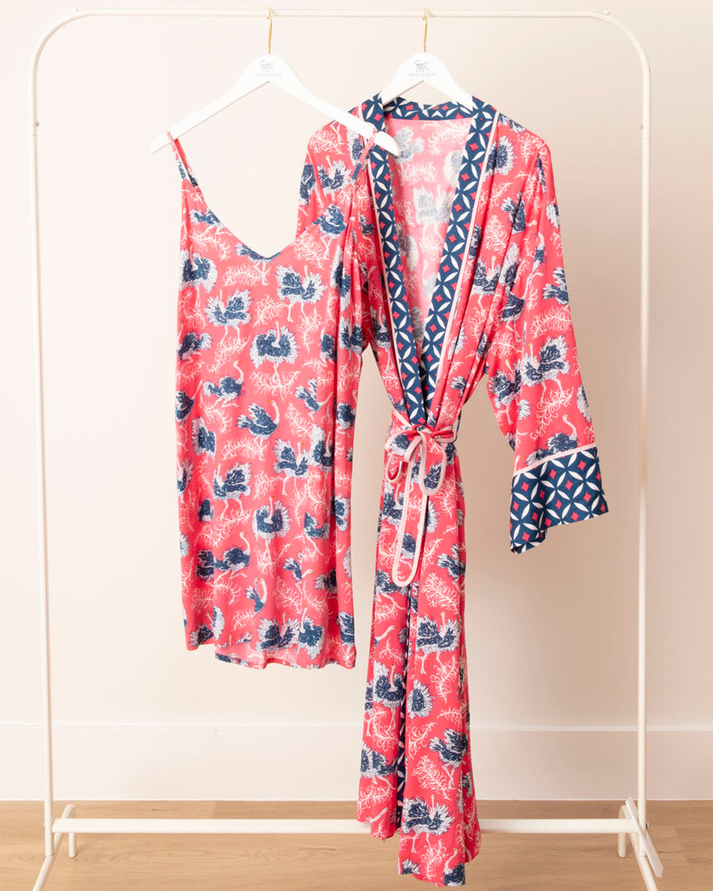 Ostrich Dance - Eco Satin Robe & Chic To Sleep Shortie - Fancy Pink - Printfresh